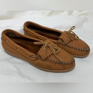 Minnetonka Brown Leather Moosehide Moccasins Classic Womens 8.5/9 Hard Sole